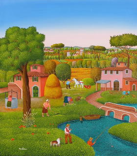 Naive folk art painting of a peaceful village with pink houses, green hills, stream, trees, and people in pastoral landscape