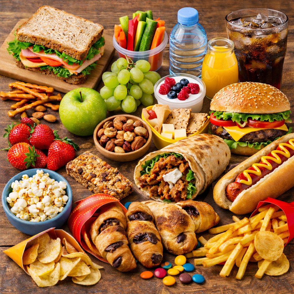 Overhead view of diverse foods: sandwiches, burger, hot dog, fruits, snacks, and beverages on wood table