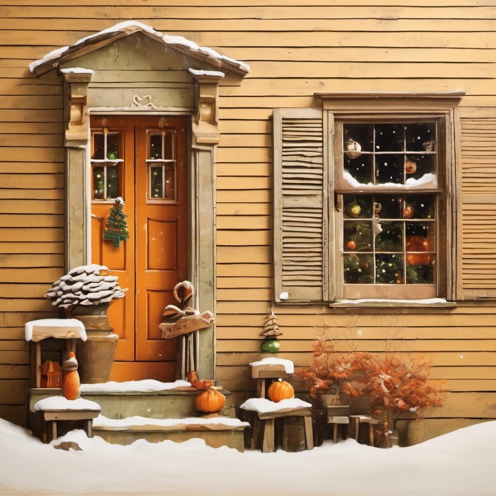 Snow-covered front door and window of a yellow wooden house with Christmas decorations and pumpkins
