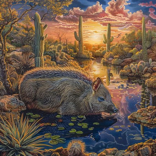 Javelina drinking from a desert pond at sunset with saguaro cacti in a colorful painting