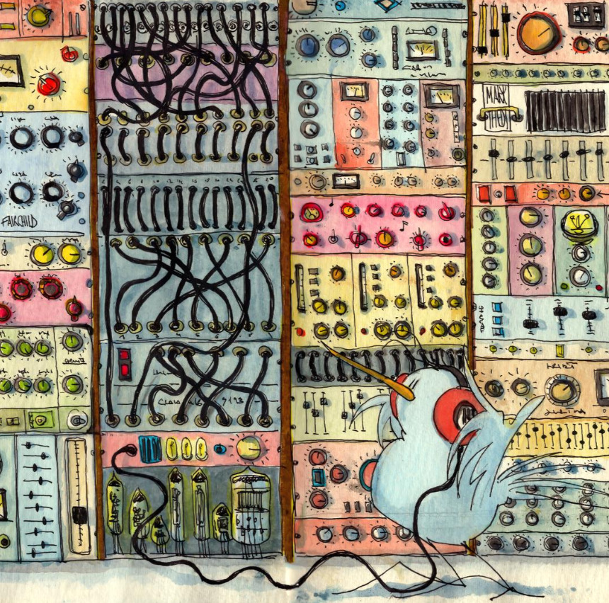 Cartoon bird surrounded by colorful vintage synthesizers and audio equipment in a recording studio