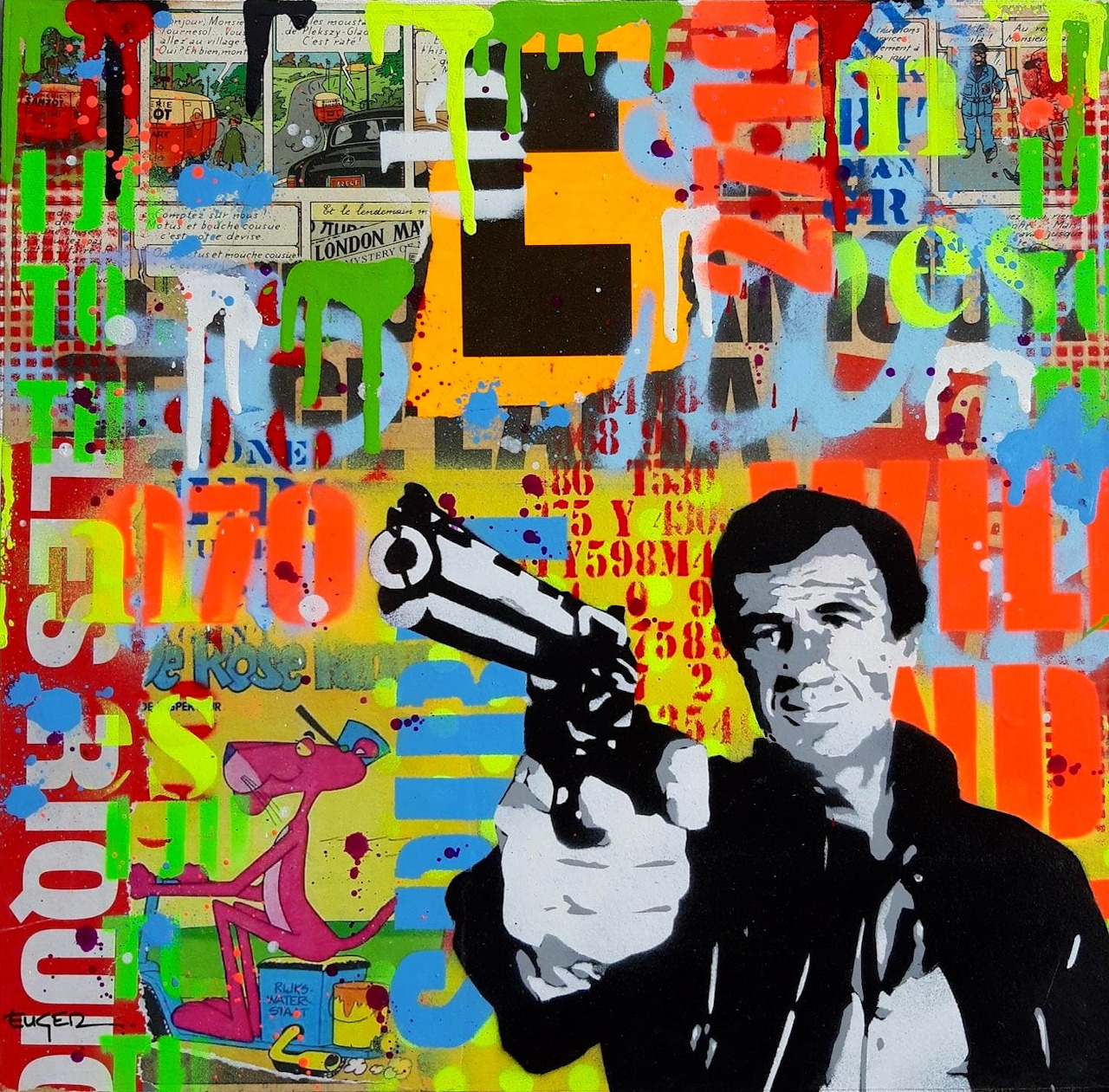 Pop art collage with man holding gun amid colorful layered graphics and text