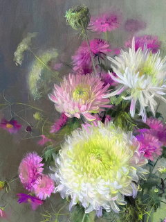 Painting of white, pink, and magenta chrysanthemums with green buds against a grey background