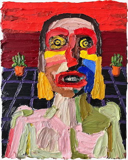 Expressionist portrait with red background, yellow eye patches, blue nose accent, blonde hair, and pink clothing