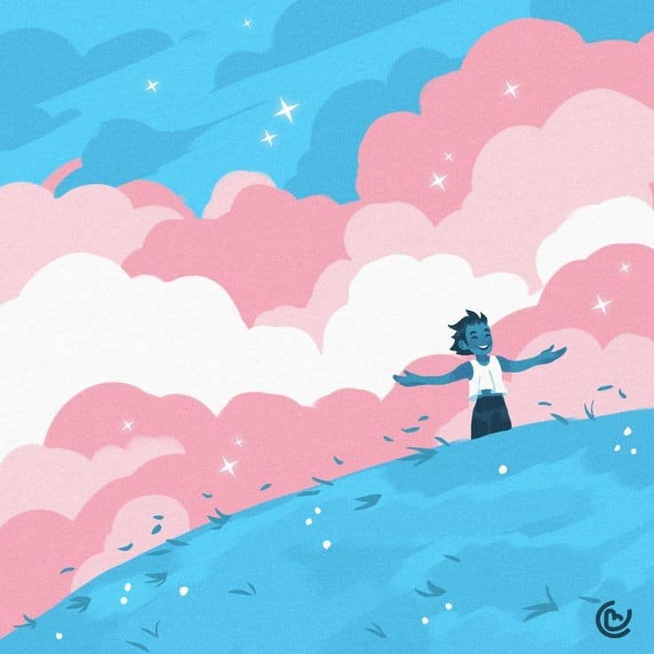 Illustrated girl on a blue hill under pink clouds and a blue sky