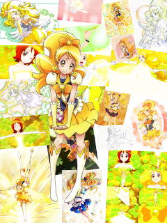 Collage of Cure Honey anime character in yellow dress with blonde hair in multiple illustrations