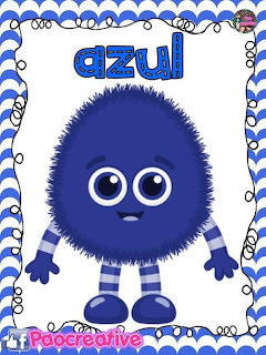 Cute blue fluffy cartoon monster with big eyes and the Spanish word azul written above it