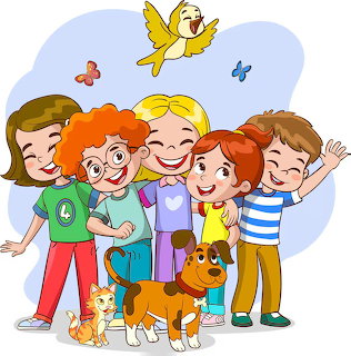 Cartoon children standing together with a dog, cat, bird, and butterflies