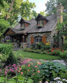 Stone cottage with garden featuring pink flowers, green lawn, and tall trees