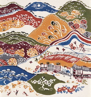 Colorful Japanese textile illustration with hills, waves, flowers, and traditional houses
