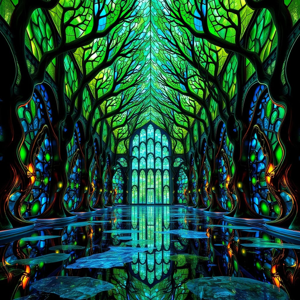 Fantasy tree hall with glowing stained-glass details and a reflective floor beneath bare branches