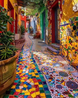 Narrow alley covered in colorful mosaic tiles with vibrant painted walls and poted plants