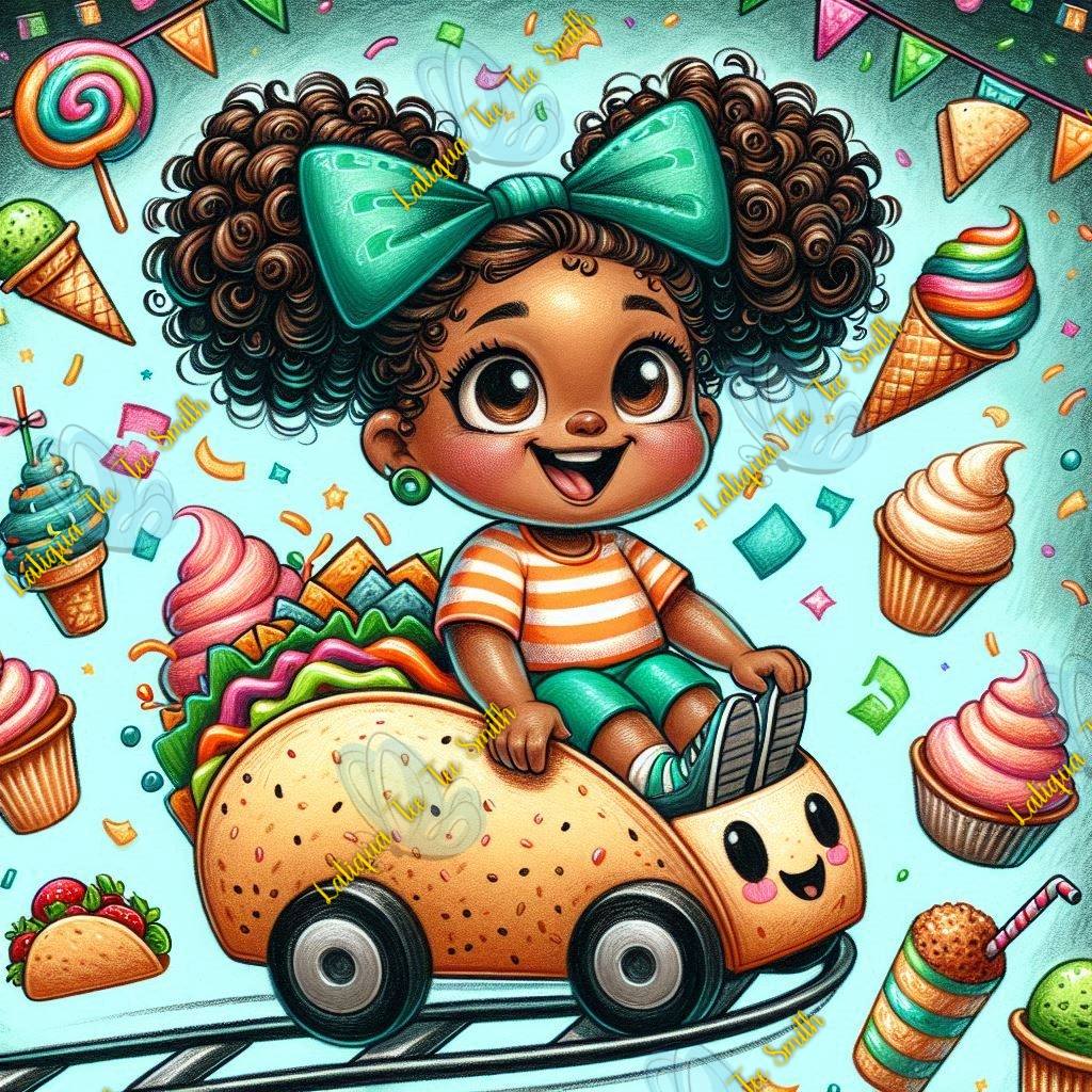 Cartoon girl with curly hair in toy car surrounded by sweets and candy on turquoise background