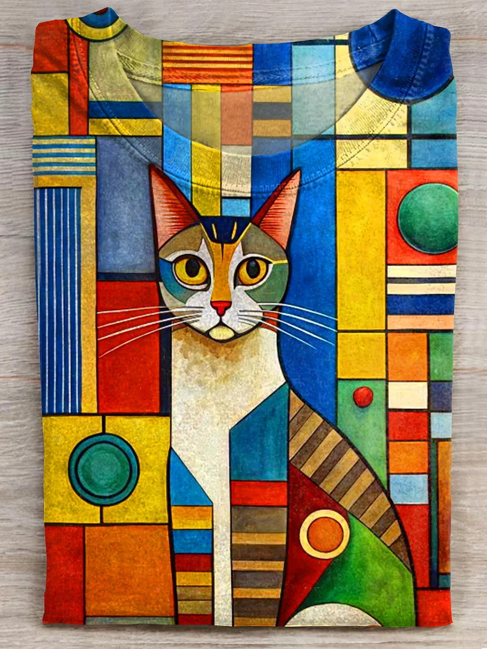 Colorful geometric painting of a cat surrounded by bright patchwork shapes and patterns