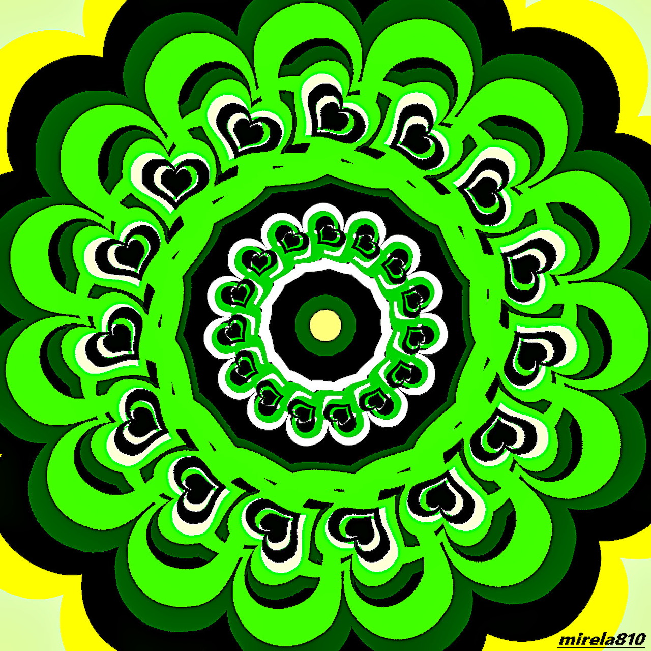 Green and yellow mandala with heart-shaped petals in concentric circles
