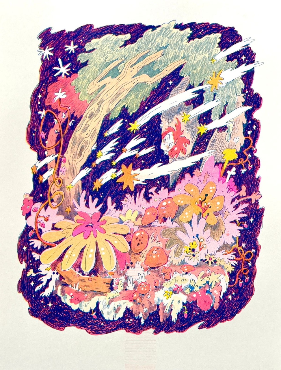 Colorful illustration of flowers and trees under a stary night sky with a wavy purple border