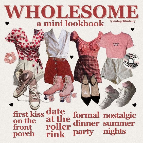 Vintage-style fashion collage with clothing items, shoes, accessories, and themed outfit captions