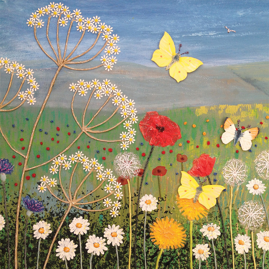 Painting of wildflowers including daisies, poppies and butterflies in a meadow under blue sky