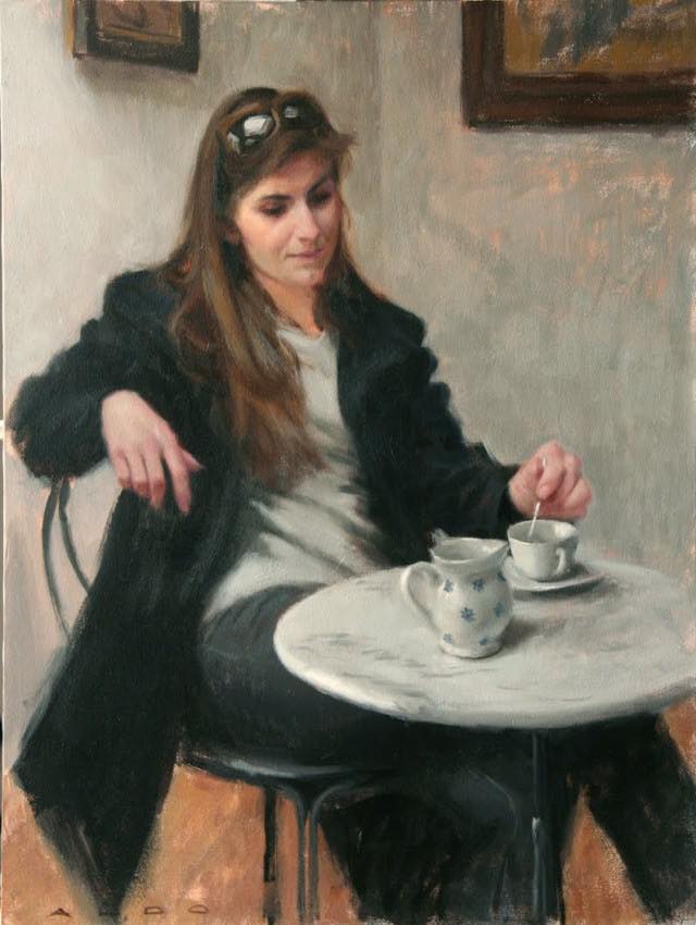 Figurative oil painting of a woman in the style of Aldo Balding.