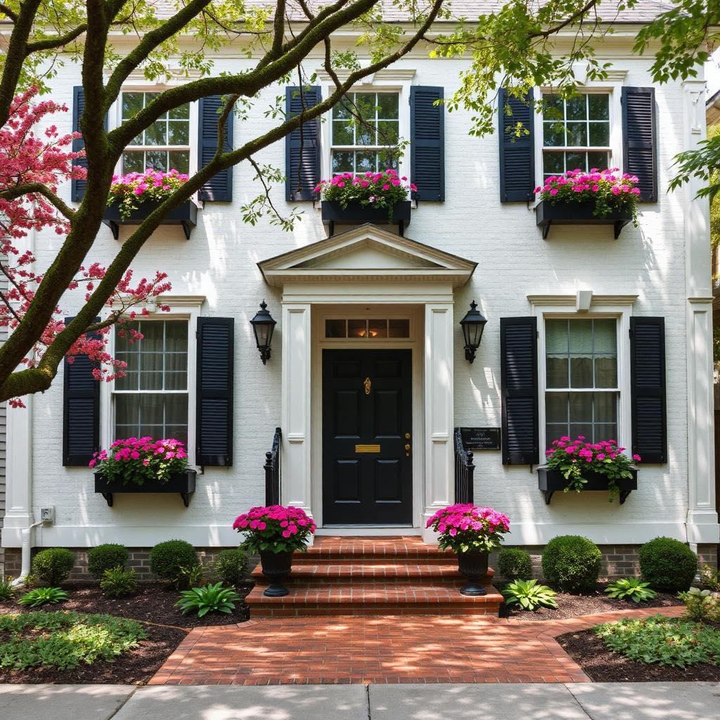 White house with black shutters, colorful flower boxes, and brick walkway leading to black front door