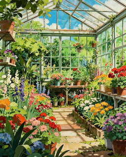 Illustrated greenhouse interior with colorful potted flowers, plants on shelves, and a stone walkway