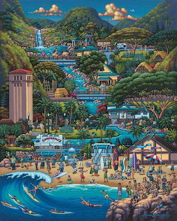Colorful illustrated Hawaiian seaside town with beach, surfers, hills, waterfalls, and tropical buildings