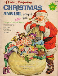 Vintage Christmas magazine cover showing Santa Claus with toy sack and elves in colorful illustration style
