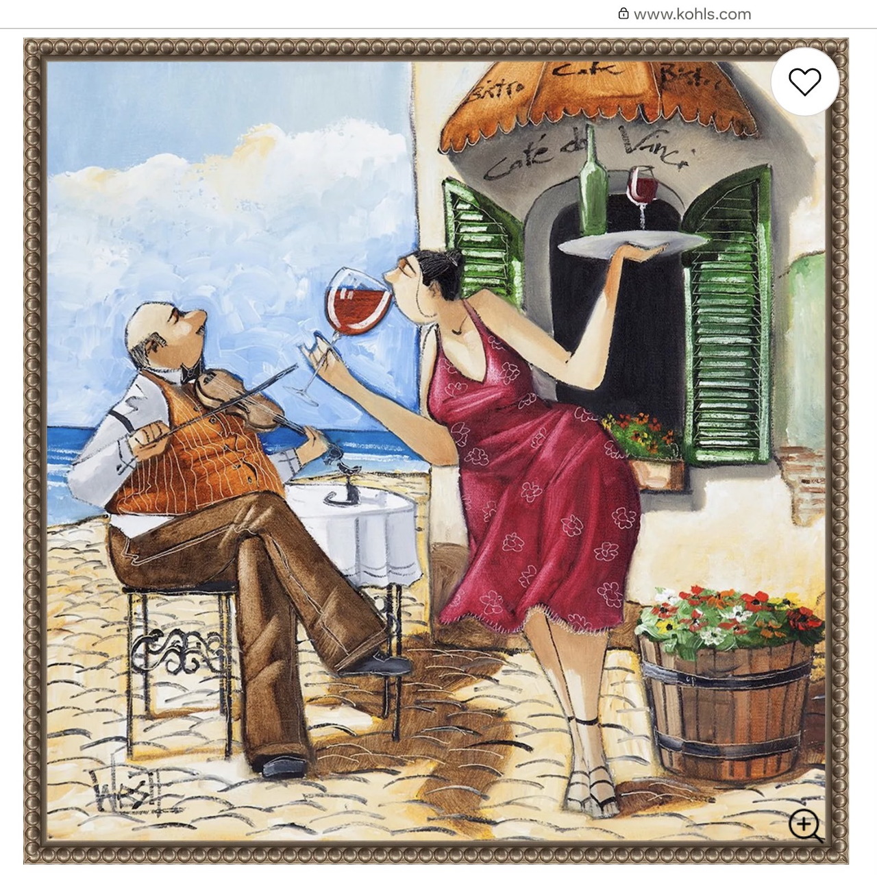 Illustration of couple toasting wine glasses at outdoor seaside café table with ocean and sailboat in background