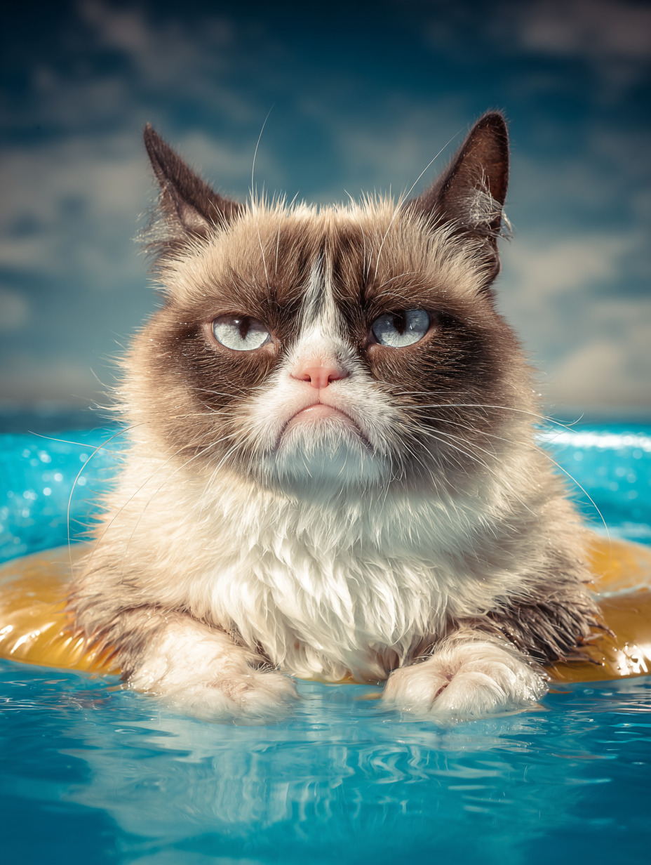 Grumpy Siamese cat lying on orange pool float in blue water