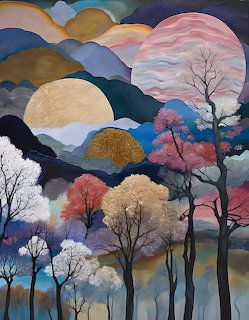 Folk art painting of layered hills, bare trees, and pastel clouds in stylized naive art style