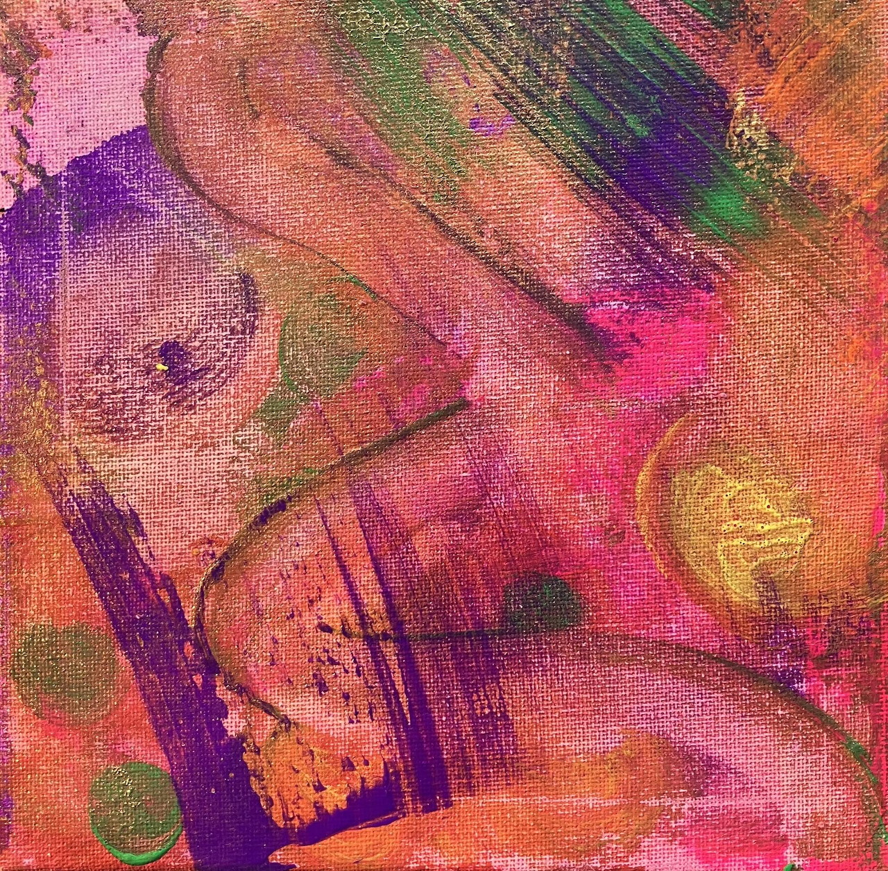 Abstract painting with bold brushstrokes in pink, purple, orange and green creating dynamic textured layers