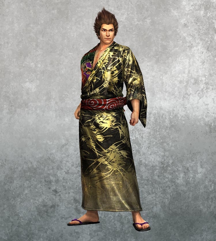 3D rendered samurai character Toshiie Maeda in a black and gold kimono with dragon designs