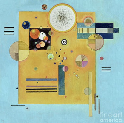 Abstract geometric painting with circles, lines, and blocks on a yellow field against a pale blue background