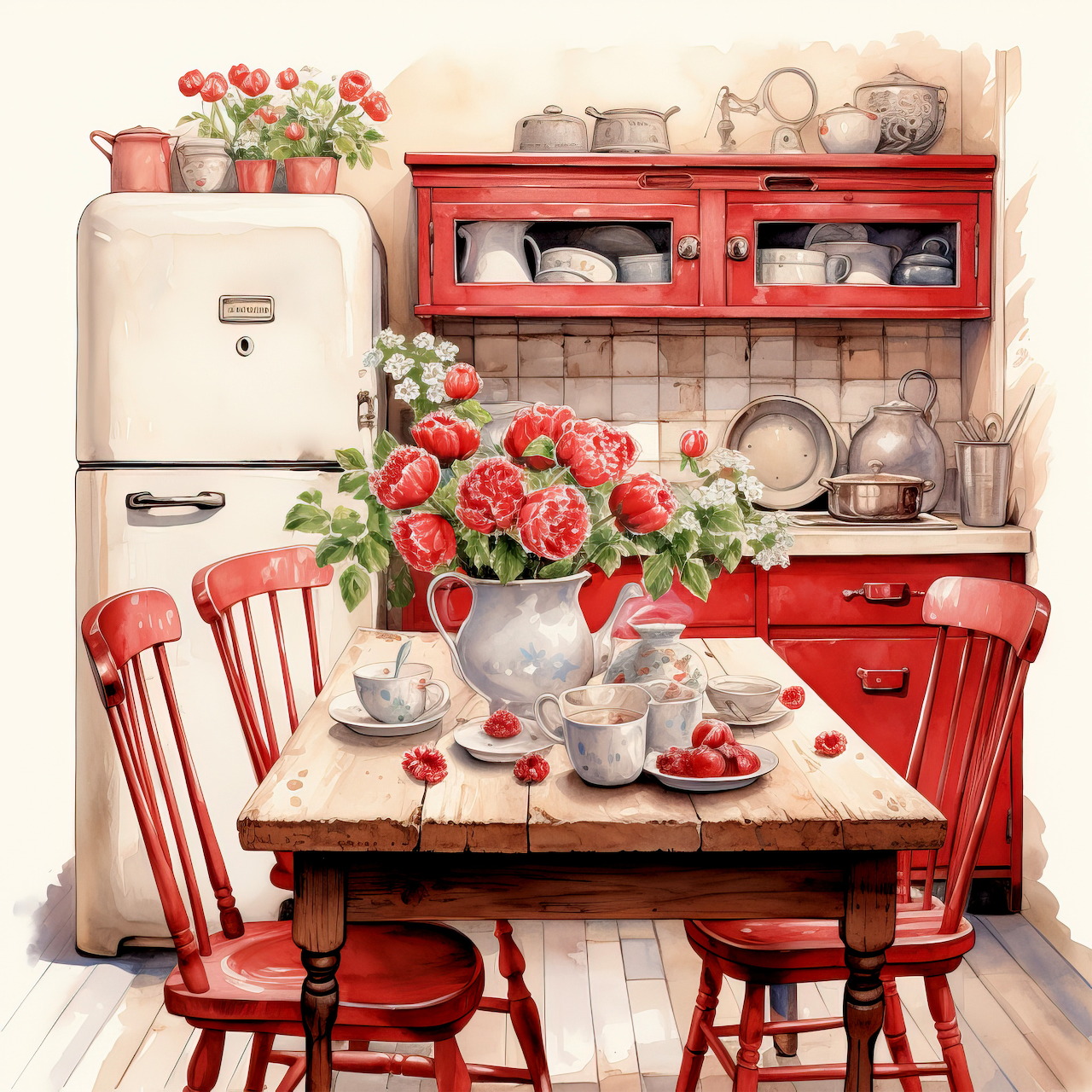 Vintage country kitchen with red chairs, table set with white teaware, roses, retro fridge and red shelving unit