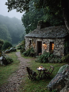 Old stone cottage with glowing windows in a misty green landscape with outdoor seating