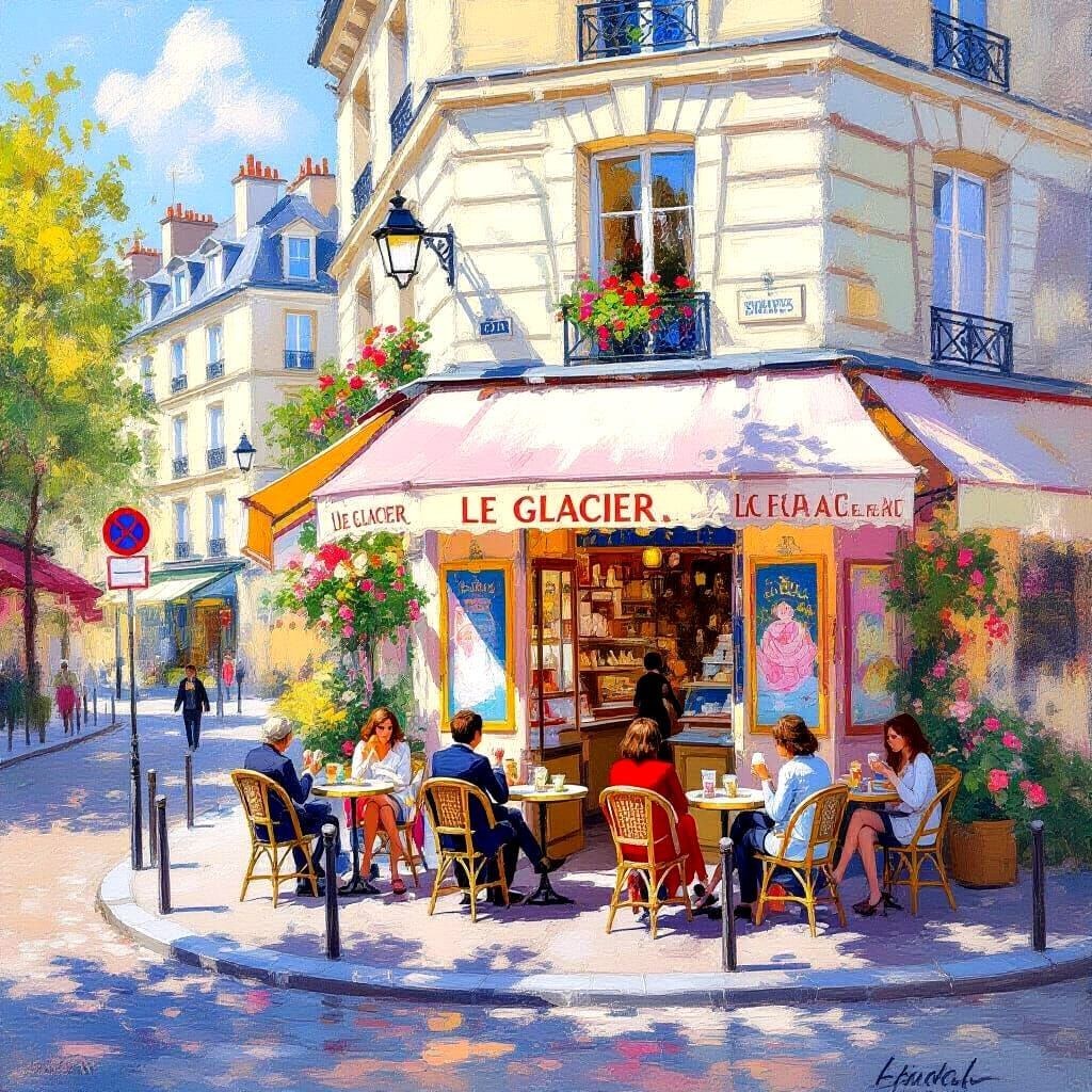 Bright painting of a corner ice cream café in Paris with people sitting at outdoor tables under colorful awnings