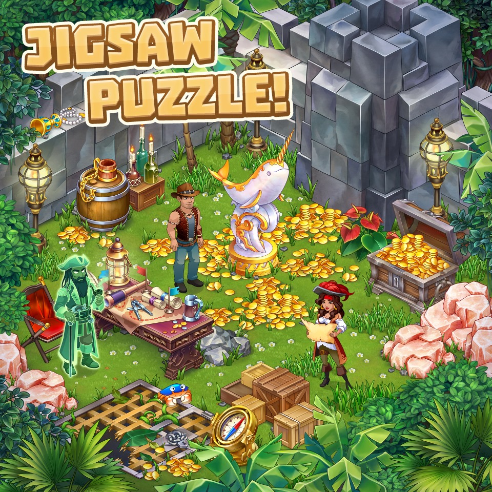 Fantasy scene with explorers, treasure, statues, and jungle ruins filled with gold coins