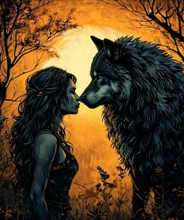Woman and Wolf at Dusk