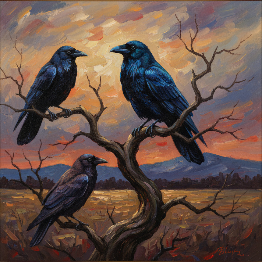 Three black crows perched on gnarled branches with sunset sky background, oil painting style