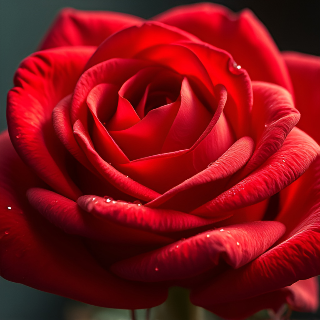 Macro close-up of a red rose with layered petals and small water droplets