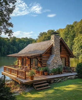 Rustic log cabin with stone chimney on deck beside tranquil lake surrounded by trees