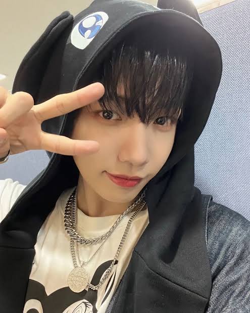 Young man in black hood making a peace sign selfie, wearing silver chain necklaces