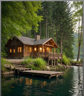 Rustic log cabin by a calm lake with a wooden dock and tall forest trees