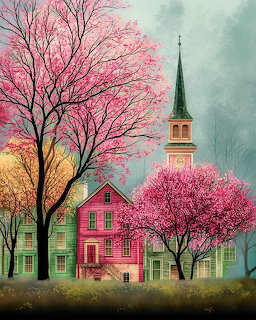 Illustration of a village with pink cherry blossom trees, a pink house, and a church steeple in spring