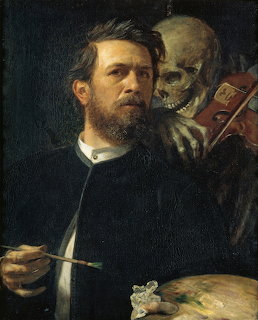 Oil painting of a bearded man with palette and brush, a skeleton playing violin behind him