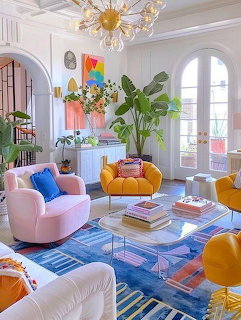 Vibrant living room with pink sofas, yellow chairs, blue patterned rug, tropical plants, and gold chandelier