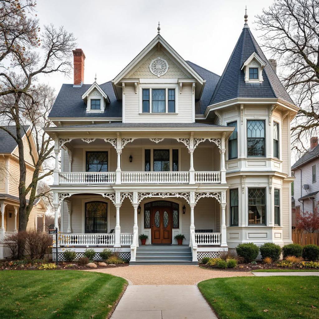 White Victorian mansion with turret, wraparound porch, ornate trim, and front lawn