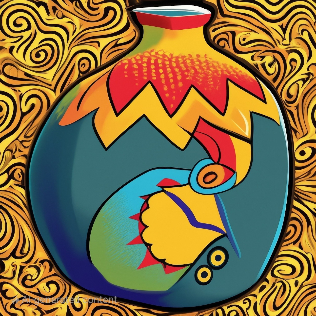 Vibrant pottery vase with Kokopelli figure in Southwest Native American style against golden swirl pattern background