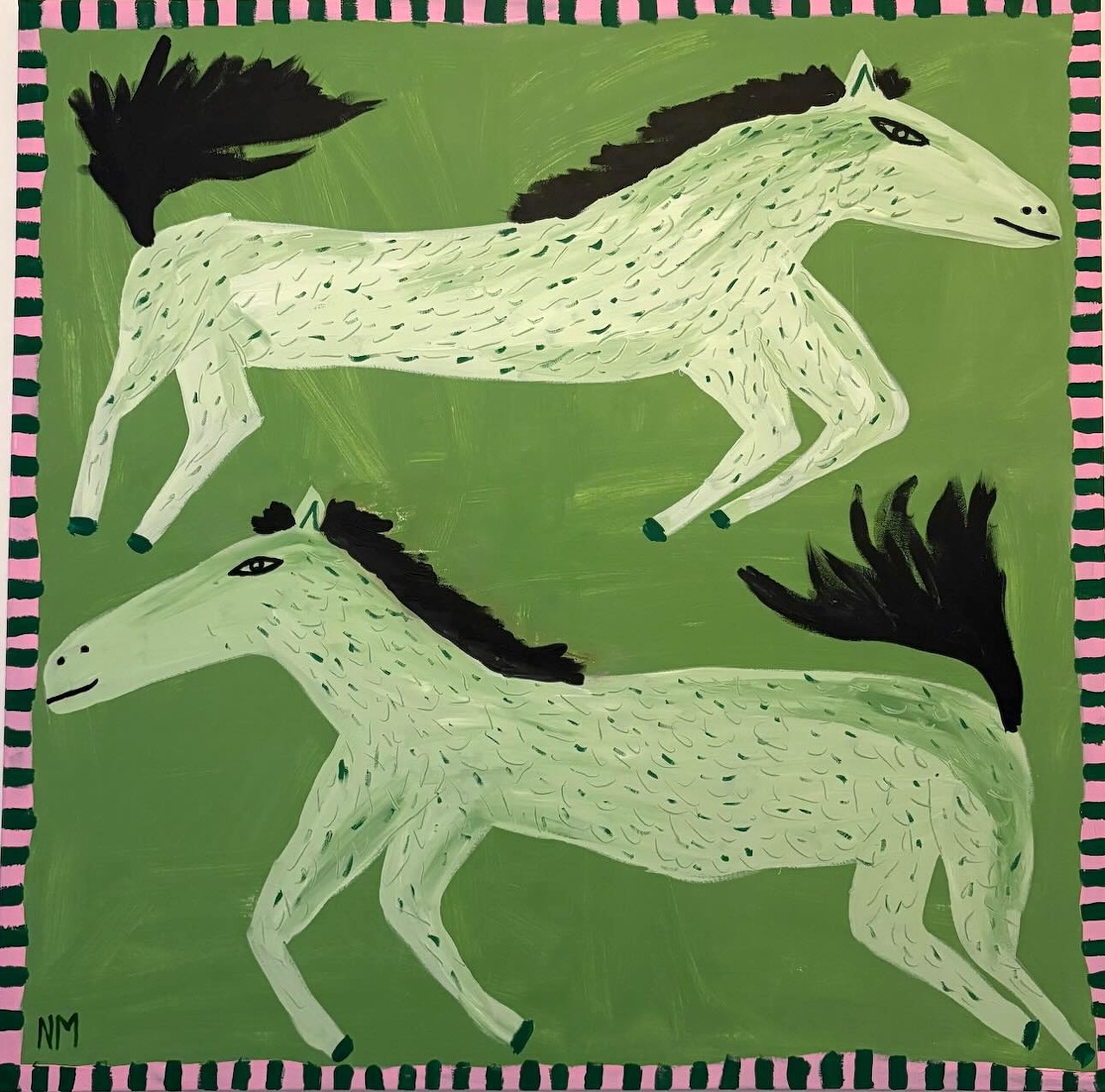 Folk art painting of two white spotted horses galloping on green background with striped border