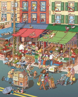 Colorful illustration of a crowded outdoor market with vendor stalls, shoppers, and produce under red and green awnings